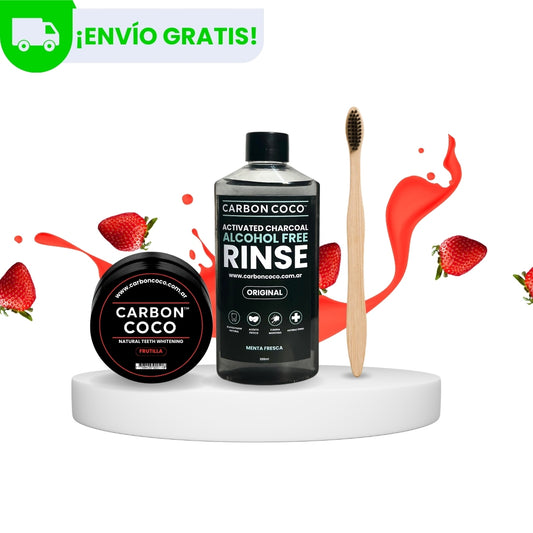 Carbón Coco™ Blanqueador Dental Frutilla + Carbón Coco™ Enjuague Bucal + Cepillo de Bambú