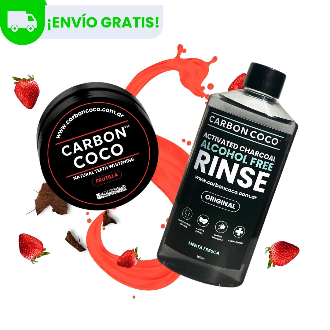 Frutilla Carbón Coco™ Blanqueador Dental + Carbón Coco™ Enjuague Bucal