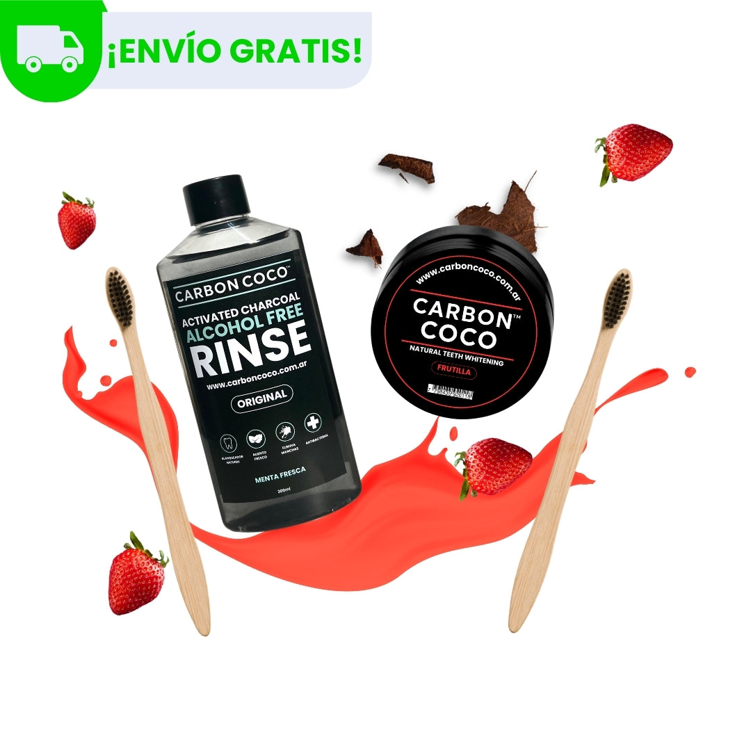 Carbón Coco™ Blanqueador Dental Frutilla + Carbón Coco™ Enjuague Bucal + 2 Cepillos de Bambú