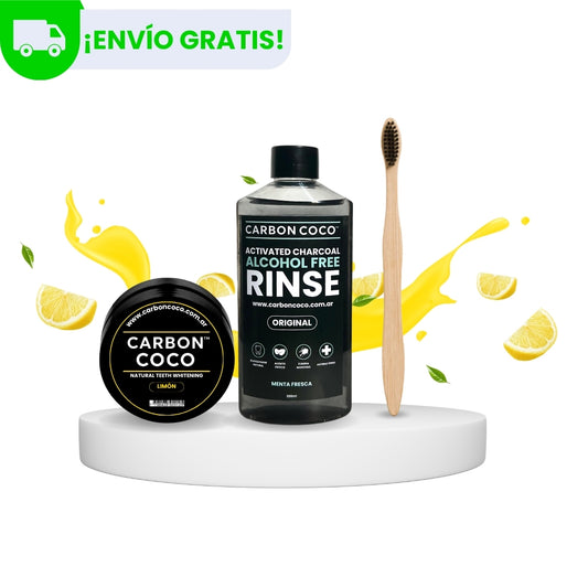 Carbón Coco™ Blanqueador Dental Limon + Carbón Coco™ Enjuague Bucal + Cepillo de Bambú