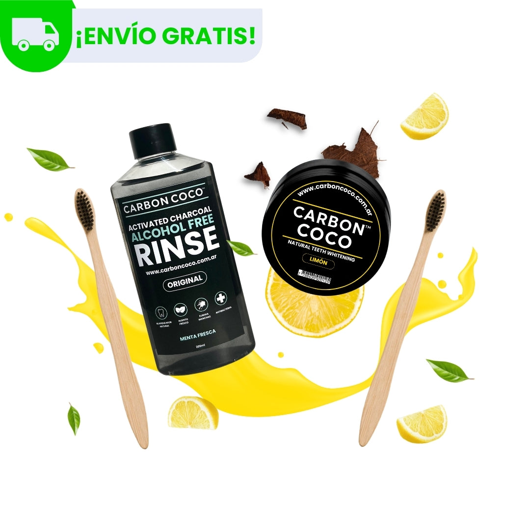 Carbón Coco™ Blanqueador Dental Limon + Carbón Coco™ Enjuague Bucal + 2 Cepillos de Bambú