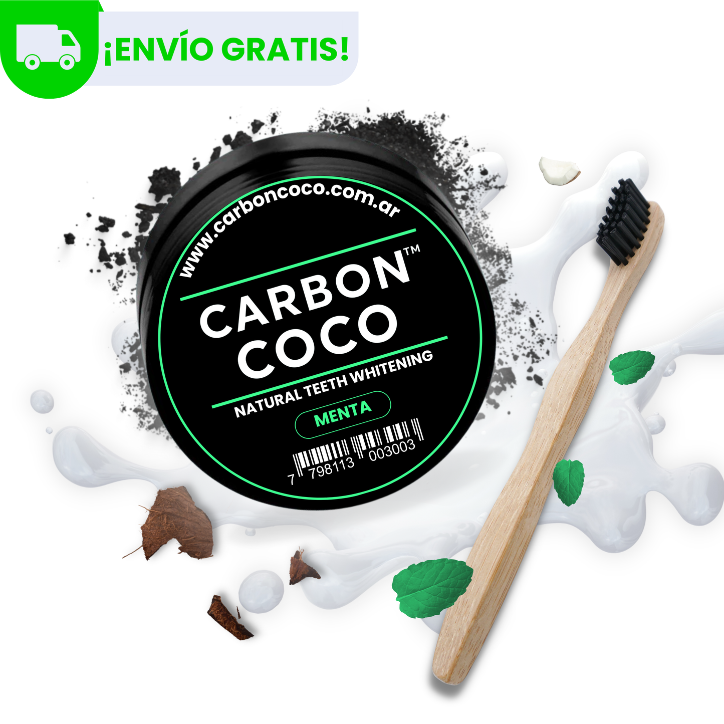 Carbón Coco™ Blanqueador Dental Menta + Cepillo de Bambú