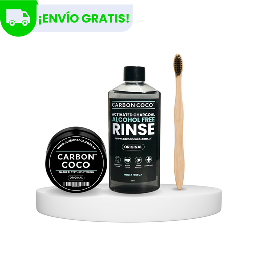 Carbón Coco™ Blanqueador Dental + Carbón Coco™ Enjuague Bucal + Cepillo de Bambú