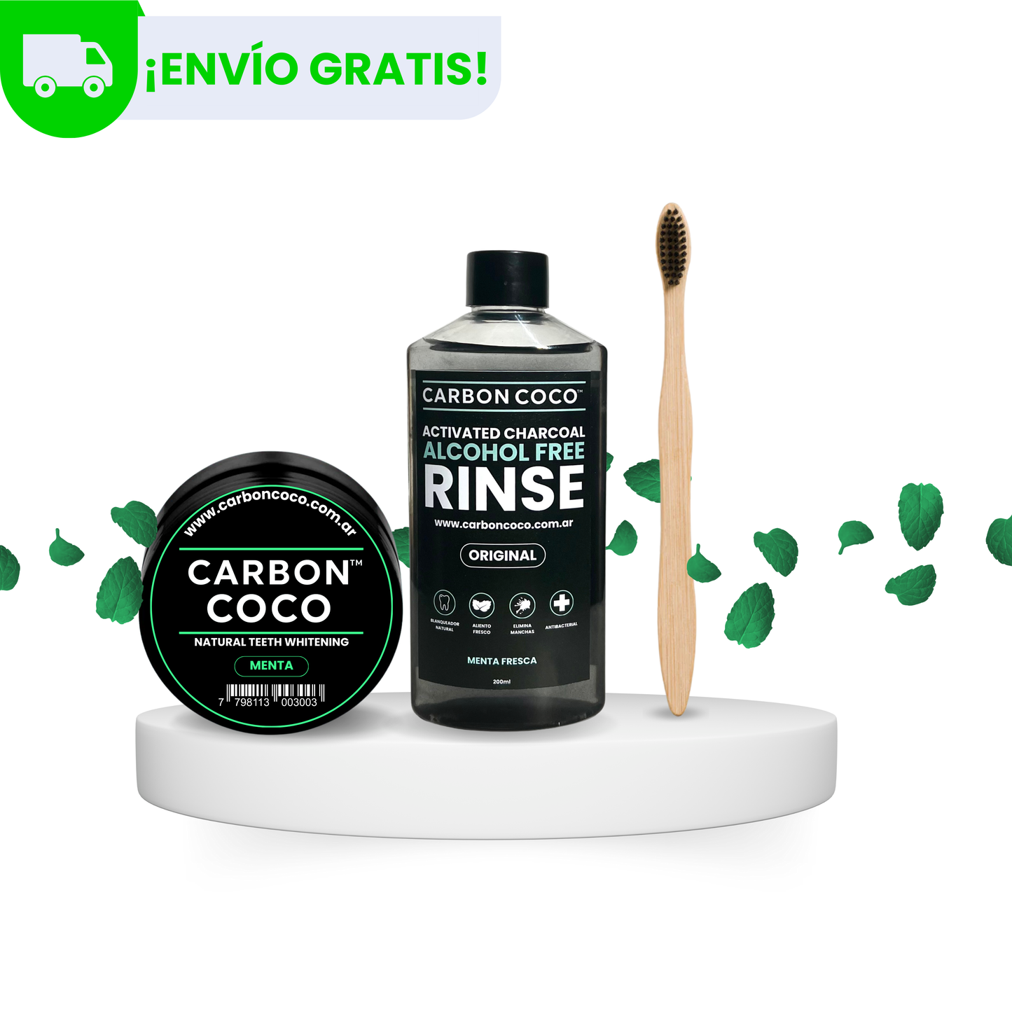 Carbón Coco™ Blanqueador Dental Menta + Carbón Coco™ Enjuague Bucal + Cepillo de Bambú