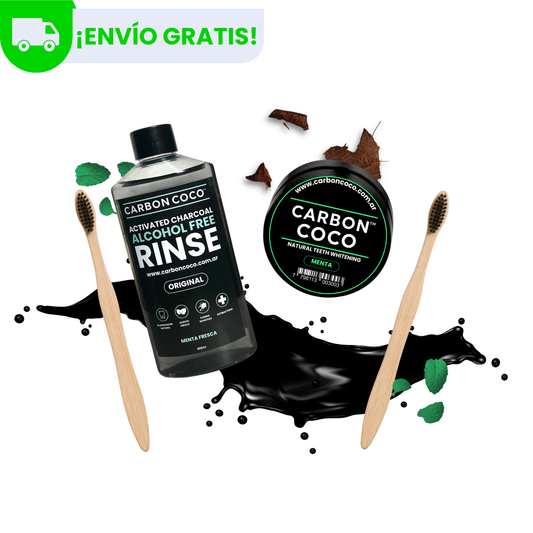 Carbón Coco™ Blanqueador Dental Menta + Carbón Coco™ Enjuague Bucal + 2 Cepillos de Bambú